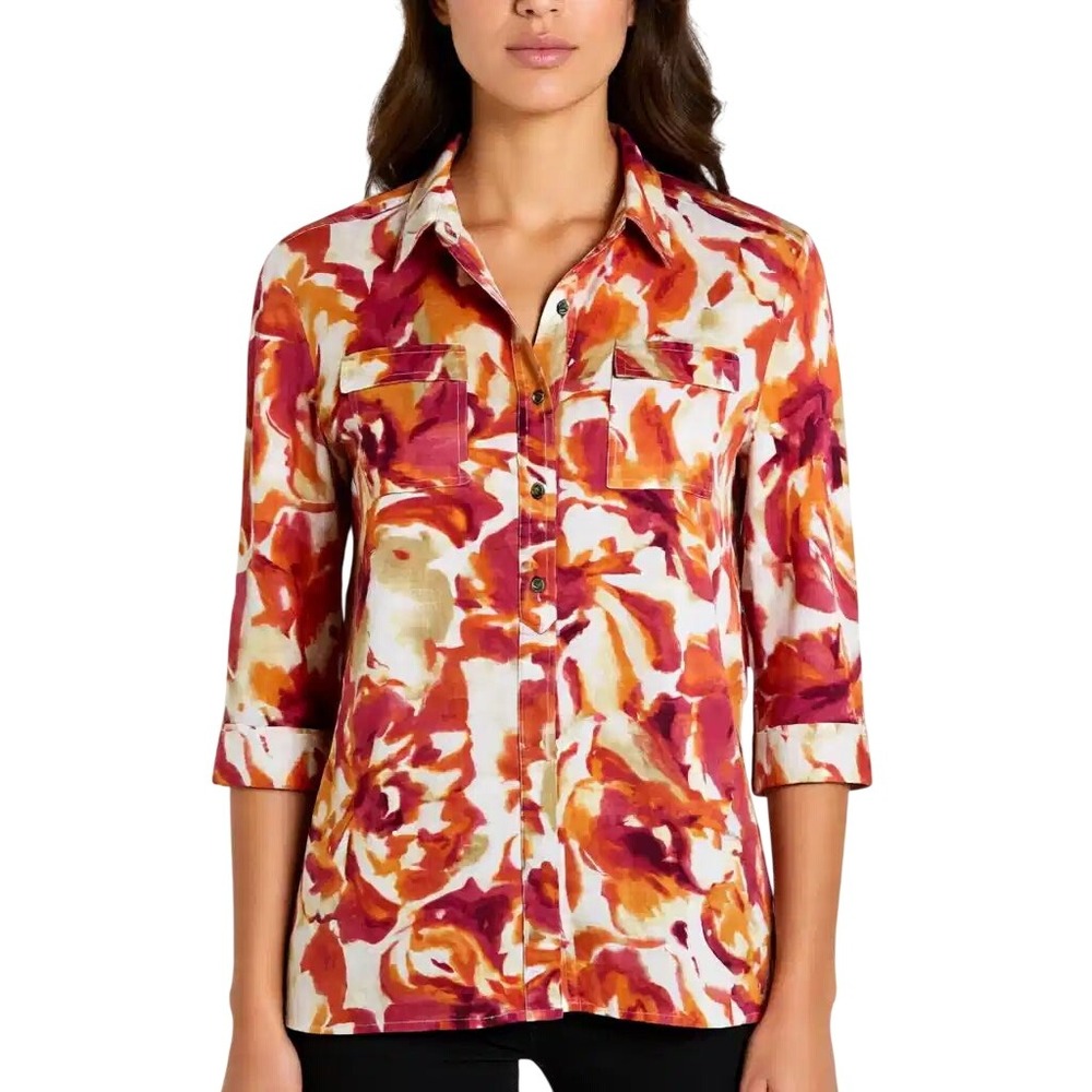 JM Collection Women 10 Linen Button Up Shirt Orange Pink Floral 3/4 Sleeve Top
